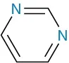 The structure of pyridine, a heterocyclic amine. It comprises a six-membered ring incorporating two nitrogens with one carbon between them, and has alternating single and double bonds.