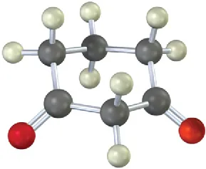 A ball-and-stick model of a cyclic enol with 6 black, 8 white, and 2 red balls. Carbon, hydrogen, and oxygen atoms are represented using black, gray, and red spheres, respectively.