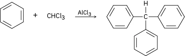 Benzene reacts with chloroform in the presence of aluminum trichloride to yield triphenylmethane.