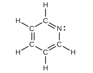 A Lewis structure is shown in which a hexagonal ring structure is made up of five carbon atoms and one nitrogen atom with a lone pair of electrons. There are alternating double and single bonds in between each carbon atom. Each carbon atom is also single bonded to one hydrogen atom.