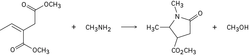 The reaction shows an ester with methylamine to form amide and methanol. The amide structure shows a cyclopentanone ring with nitrogen adjacent to the carbonyl, bearing a methyl group.