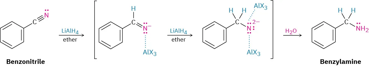 Hydride ion from lithium aluminum hydride adds twice to nitrile, forming an imine and a dianion. Intermediate anions contain nitrogen bonded to aluminum chloride. Further, hydrolysis converts benzonitrile to benzylamine.