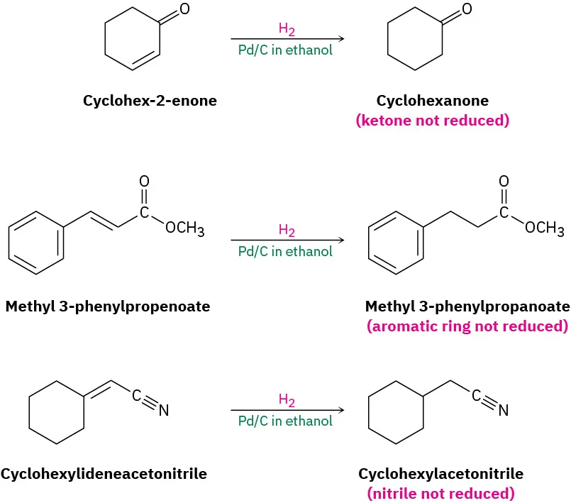 Catalytic hydrogenation of cyclohex-2-enone, methyl 3-phenylpropenoate, and cyclohexylideneacetonitrile with hydrogen and palladium on carbon in ethanol provided cyclohexanone, methyl 3-phenylpropenoate, and cyclohexylacetonitrile, respectively.