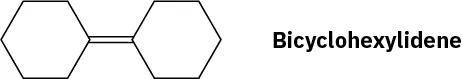 The structure of bicyclohexylidene. It is two cyclohexane rings linked via a double bond between their C 1 positions.