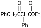 The structure of ethyl-3-oxo-2,4-diphenylbutanoate shows two phenyl groups at second and fourth carbon. Two carbonyl groups are positioned on the first and third carbon, with an ethoxy group on first.