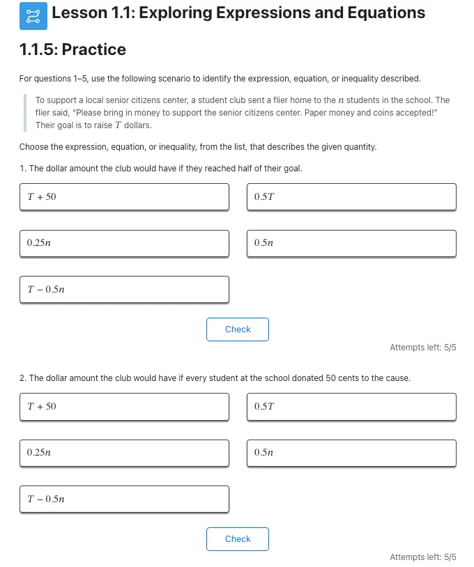 A screenshot from the curriculum showing an activity that requires students to practice algebraic skills at the rigor level expected by state standards.