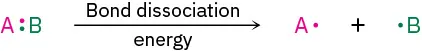 Single-bonded species A B undergoes bond dissociation in the presence of energy to form A and B radicals.