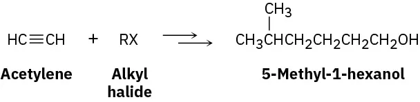 Acetylene reacts with alkyl halide followed by two arrows to give 5-methyl-1-hexanol.