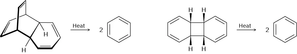 A chair conformer of cyclohexene fused with another cyclohexene reacts with heat to form benzene. Cyclobutane with two six-membered rings on either side reacts with heat to form benzene.