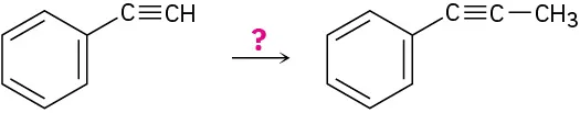 A phenyl alkyne reacts with an unknown reagent represented as a question mark forming a phenyl alkyne with a terminal methyl group.