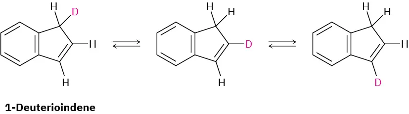 1-deuterioindene reacts with heat; D at C 1 is exchanged with H at C 2 (intermediate). Then D at C 2 is exchanged with H at C 3 (product).