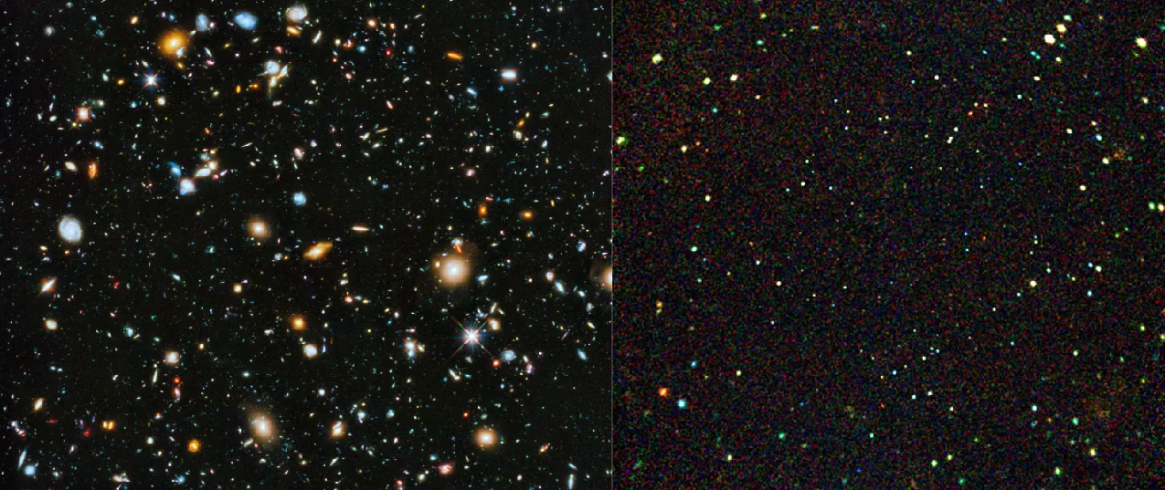 The Distant Universe. The panel at left shows the deepest picture of the sky in visible light. The filed is uniformly scattered with galaxies of all types. The panel at right is the deepest picture of the sky taken in X-rays. The field is uniformly covered with tiny points of light, much smaller than the images of galaxies seen on the left.