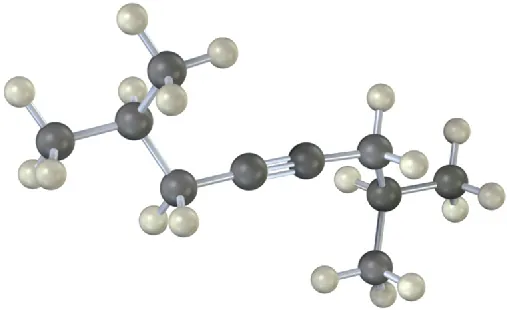 A ball and stick model of a C10 alkyne. Carbon and hydrogen are denoted using gray and white spheres, respectively.