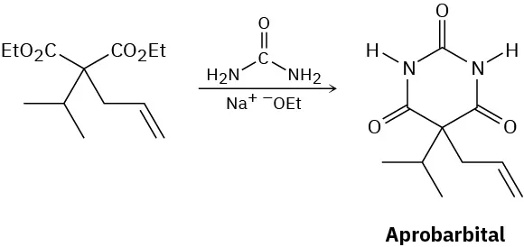 A derivative of ethyl malonate bearing an isopropyl and a vinyl group at the central carbon reacts with urea and sodium ethoxide to yield aprobarbital as a product.