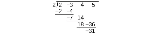 División sintética del polinomio 2x^3-3x^2+4x+5 entre x+2 en la que solo contiene los coeficientes de cada polinomio.