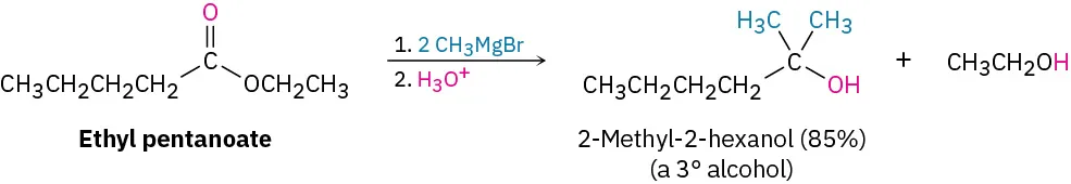 Ethyl pentanoate reacts with two equivalents of methyl magnesium bromide, then hydronium ion to form 2-methyl-2-hexanol (tertiary alcohol, 85 percent yield) and ethanol.