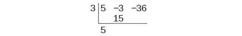 La configuración de la división sintética para el polinomio 5x^2-3x-36 por x-3, que da {5, -3, -36} entre 3.