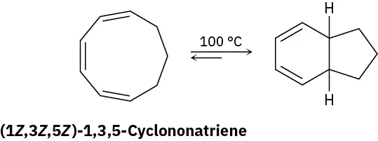 (1Z,3Z,5Z)-1,3,5-Cyclononatriene reacts at 100 degree Celsius to form a six-membered ring with two double bonds fused to a five-membered ring with two hydrogen atoms.