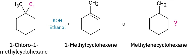 1-chloro-1-methylcyclohexane reacts with potassium hydroxide in the presence of ethanol to form 1-methylcyclohexane or methylenecyclohexene. A question mark indicates product uncertainty.