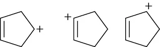 The structure of three cyclopentene carbocations with positive charges at C 4, C 1, and C 3.