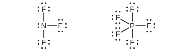 Two Lewis structures are shown. The left structure shows a nitrogen atom with one lone pair of electrons single bonded to three fluorine atoms, each of which has three lone pairs of electrons. The right structure shows a phosphorus atoms single bonded to five fluorine atoms, each of which has three lone pairs of electrons.