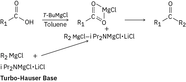 A carboxylic acid reacts with tertiary butyl magnesium chloride and toluene to form an intermediate. This intermediate reacts with Turbo-Hauser base to form a ketone.