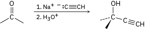 Acetone reacts in the presence of sodium acetylide and hydronium ion to form an alcohol.