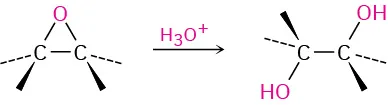 A reaction shows an epoxide reacting with hydronium ion to form a trans-1,2-diol.