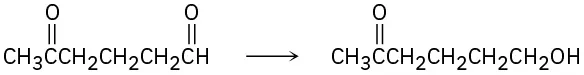 The reaction shows the conversion of 5-oxohexanal to 6-hydroxyhexan-2-one.