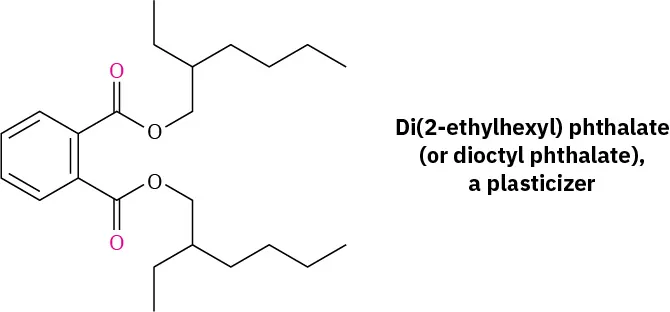 The structure of di(2-ethylhexyl) phthalate (or dioctyl phthalate) a plasticizer.