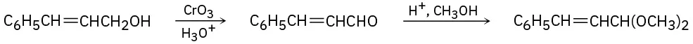 3-phenylprop-2-en-1-ol reacts with chromium trioxide and hydronium ion to form 3-phenylprop-2-enal. This reacts with hydrogen ions and methanol to form 1,1-dimethoxy-3-phenylprop-2-ene.