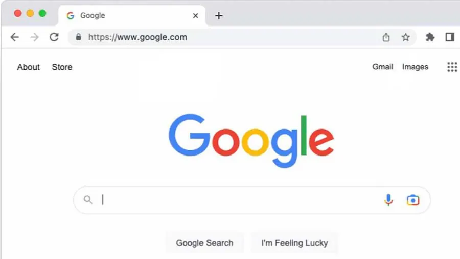 Screenshot of www.google.com, visible in the navigation bar. “Google” is in the middle of the page. A blank search bar is open in the middle.