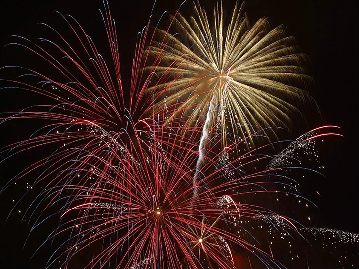 Fotografía de fuegos artificiales multicolores de distinto tamaño estallando en el cielo.