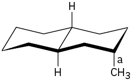 The structure of a trans-decline with dashed and wedged hydrogens at the ring junctions and an equatorial methyl group at C2.