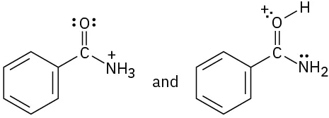 Two Lewis structures of protonated benzamide; one is protonated at the N, the other at the O.
