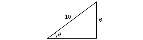 Una ilustración de un triángulo rectángulo con el ángulo theta. Frente al ángulo theta hay un lado de longitud 6 y una hipotenusa de longitud 10.
