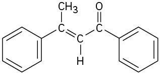 The structure of 1,3-diphenylbut-2-en-1-one shows a four-carbon membered conjugated enone. Two phenyl groups are positioned on the first and third carbon atoms. The second and third carbons are double-bonded.