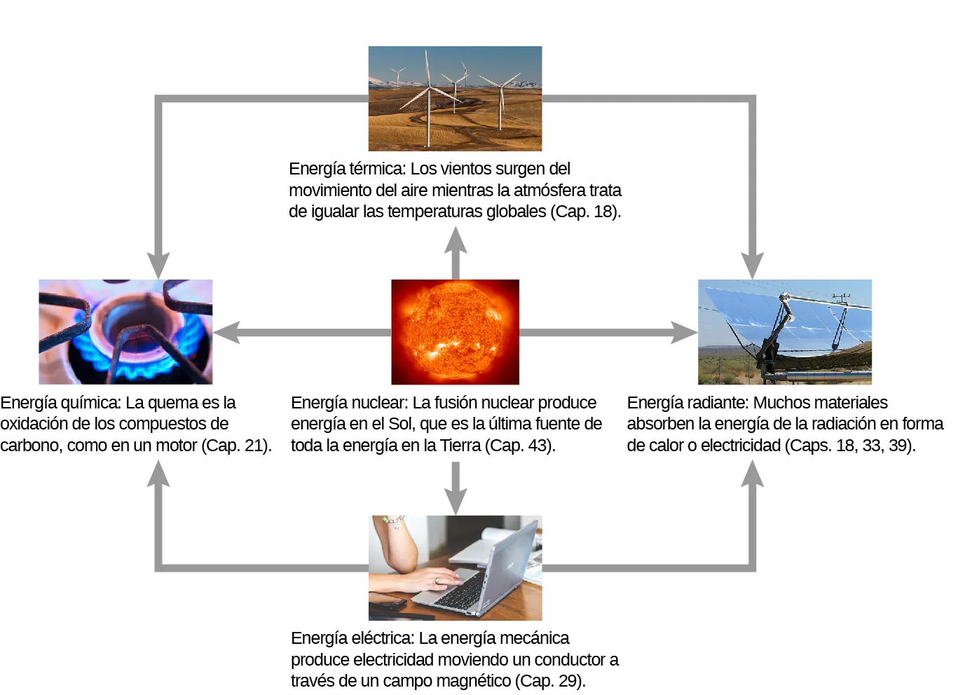 Los ejemplos de los usos de las diferentes formas de energía se muestran mediante fotografías y las conversiones de una forma a otra mediante flechas. Fotografía del sol que ilustra la energía nuclear. La fusión nuclear produce energía en el sol, que es la fuente última de toda la energía en la Tierra (vea el capítulo 43). La energía nuclear del sol se convierte en energía térmica, radiante, eléctrica o química. La energía térmica se ilustra con una fotografía de molinos de viento. El viento surge del movimiento del aire cuando la atmósfera trata de igualar las temperaturas globales (vea el capítulo 18). La energía radiante se ilustra con una fotografía de paneles solares. Muchos materiales absorben la energía radiante en forma de calor o electricidad (vea los capítulos 18, 33 y 39). La energía eléctrica se ilustra con la fotografía de una computadora portátil. La energía mecánica genera electricidad al mover un conductor a través de un campo magnético (vea el capítulo 29). La energía química se ilustra con una fotografía de la llama de un quemador de gas. La combustión es la oxidación de los compuestos de carbono, como en un motor (vea el capítulo 21). La energía térmica y la energía eléctrica se convierten en energía radiante o química.