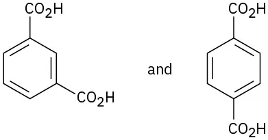 The structures of benzene-1,3-dicarboxylic acid and benzene-1,4-dicarboxylic acid. Structure 1 carboxyl groups at first and third carbons. Structure 2 carboxyl groups at first and fourth carbons.
