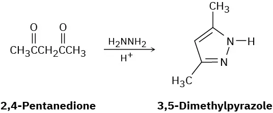 The reaction shows 2,4-pentanedione with hydrazine and a proton to form 3,5-dimethylpyrazole.