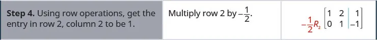 Step 4. Using row operations, get the entry in row 2, column 2 to be 1. Multiply row 2 by minus half. Row 2 becomes 0, 1, minus 1.