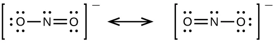 Two Lewis structures are shown with a double sided arrow between them. The left structure shows an oxygen atom with three lone pairs of electrons single bonded to a nitrogen atom with one lone pair of electrons that is double bonded to an oxygen with two lone pairs of electrons. Brackets surround this structure, and there is a superscripted negative sign. The right structure shows an oxygen atom with two lone pairs of electrons double bonded to a nitrogen atom with one lone pair of electrons that is single bonded to an oxygen atom with three lone pairs of electrons. Brackets surround this structure, and there is a superscripted negative sign.