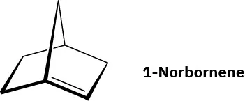 The structure of 1-norbornene, in which C1 forms a bridge with C4 through a methylene group. C1 is double bonded to C2.