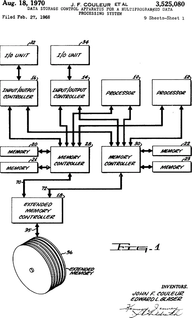 An image of a mainframe computer diagram, showing the flows of input/output units, processors and controllers, and memory.