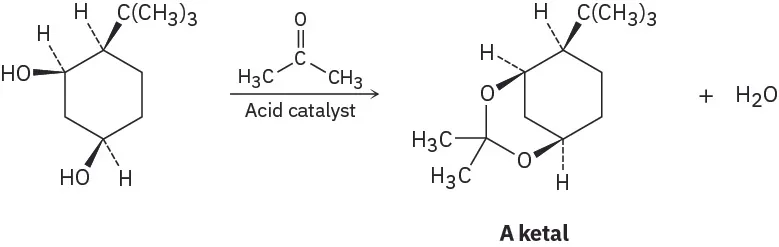In a reaction, 1R,3R,4S)-4-tertiary-butyl-1,3-cyclohexanediol reacts with acetone in the presence of acid catalyst to form an acetal (no change in stereochemistry) and water.