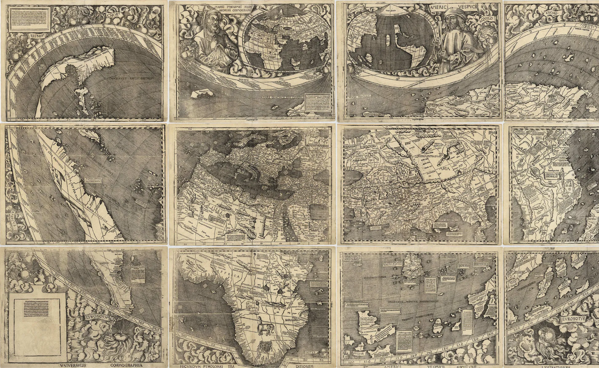 A hand-drawn map of the world divided into twelve segments. The name America is placed on what is now called South America on the main map. The New World land masses are smaller and inaccurate compared to contemporary maps.