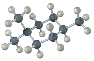 The ball and stick model of cyclohexane. C1 is bonded to two methyl groups. C3 is bonded to an equilarial methyl group. Black and gray spheres represent carbon and hydrogen, respectively.