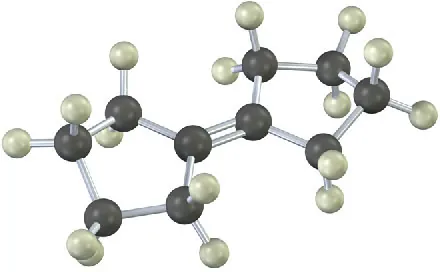 The ball and stick model of alkene that comprises two cyclopentane rings joined by a double bond. Black and gray spheres represent carbon and hydrogen, respectively.