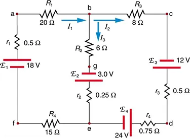 The diagram shows a complex circuit with four voltage sources: E sub one, E sub two, E sub three, E sub four and several resistive loads, wired in two loops and two junctions. Several points on the diagram are marked with letters a through g. The current in each branch is labeled separately.