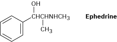 The structure of ephedrine. It has benzene ring connected to a C H with hydroxyl linked to another C H with methyl. This is connected to N-H linked to methyl.